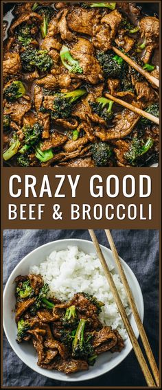 beef and broccoli stir fry in a white bowl with chopsticks