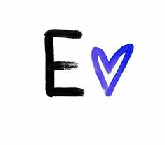 the word e is written in black ink with a blue heart on it's left side