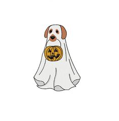 a dog in a ghost costume with a pumpkin on it's chest and the words happy halloween