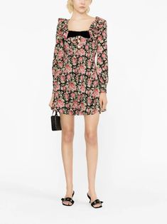 Alessandra Rich rose-print Silk Flared Dress - Farfetch Alessandra Rich Dresses, Rich Dresses, Italy Women, Alessandra Rich, Flared Dress, Rose Print, Black Silk, Flare Skirt, Silk Printing