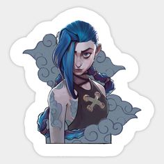 a woman with blue hair and piercings standing in front of clouds