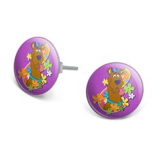 two purple earrings with cartoon characters on them