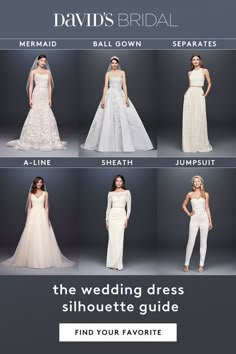 the wedding dress silhouette guide for david's bridal, featuring different styles and colors