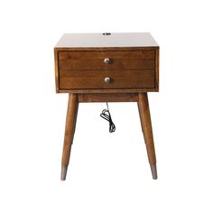 a small wooden table with two drawers on one side and an electrical cord in the other