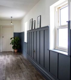 an empty room with wood floors and blue painted paneling on the walls, along with a potted plant