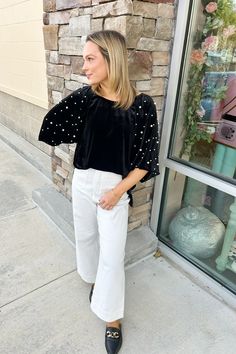 Pretty in pearls 🤩😊 Elegant Velvet Blouse For Fall, Elegant Long Sleeve Velvet Blouse, Elegant Black Velvet Blouse, Chic Velvet Tops For Formal Occasions, Chic Velvet Formal Tops, Elegant Velvet Evening Blouse, Elegant Blouse With 3/4 Sleeves For Night Out, Elegant 3/4 Sleeve Blouse For Night Out, Elegant Blouse For Night Out With 3/4 Sleeves