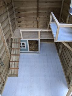 an overhead view of a chicken coop with the door open