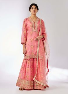 Sadhna Pink Sharara Set by Gopi Vaid, available on Indiaspopup.com Pink Sharara, Sharara Gharara, Short Tunic, Nyc Studio, Border Embroidery, Indian Textiles, Sharara Set, Western Wedding, Gold Thread