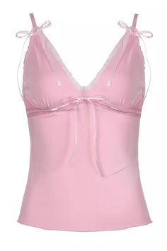 pink bow lace trim top, cute crop tops, aesthetic tops, coquette girl  clothes, coquette girl style Pink Cami Top, Chic Tank Tops, Ruffle Tube Top, Lace Trim Top, Aesthetic T Shirts, Satin Cami, Pink M, Y2k Clothes, Pink Crop Top