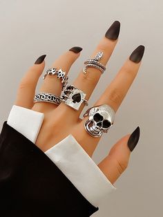 Antique Silver Funky Collar  Zinc Alloy   Embellished   Women's Fashion Jewelry Trendy Ring, Estilo Punk, Vintage Gothic, Statement Ring Silver, Snake Ring, Wedding Band Sets, Finger Rings, Men's Jewelry Rings, Rings Set