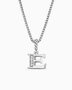 Pavé Initial Pendant Necklace in Sterling Silver with Diamond E Formal Sterling Silver Initial Pendant Necklace, Sterling Silver Initial Pendant Necklace For Formal, Sterling Silver Initial Pendant Necklace For Formal Occasions, Classic Jewelry With Initial Pendant Box Chain, Classic Box Chain Jewelry With Initial Pendant, Classic Initial Pendant Jewelry With Box Chain, Classic Initial Pendant Box Chain Jewelry, Elegant Silver Custom Necklace With Initial Pendant, Elegant Silver Initial Pendant Custom Necklace