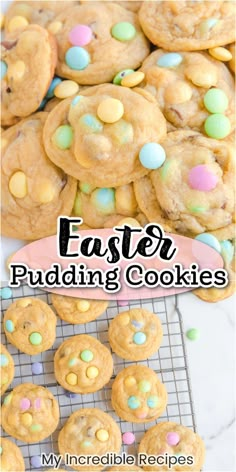 easter pudding cookies on a cooling rack with the words, my incredible recipe for easter pudding cookies