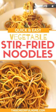 the cover of quick and easy vegetable stir - fried noodles, with text overlay