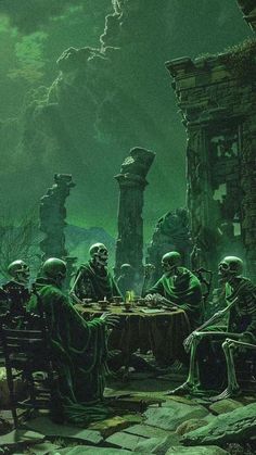 a group of skeletons sitting around a table in the middle of a dark forest,