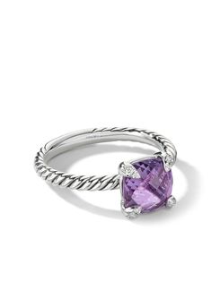 sterling silver amethyst totalling 2 carats pavé-set diamonds totalling 0.03 carats ring: 8mm To ensure the shine and polish of your David Yurman piece, wash with a little non-bleach, soapy water and wipe clean with a soft cloth. Normal everyday use and external agents may reduce the lustre of gemstones and gold surfaces. To maintain, use specific, non-abrasive products specially meant for cleaning jewellery. Purple Ring, Ring Purple, Purple Rings, Amethyst And Diamond Ring, Prom Jewelry, Chatelaine, Soapy Water, David Yurman, Cleaning Jewelry