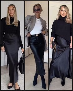 Silk Skirt Outfit Winter, Long Silk Skirt Outfit, Black Satin Skirt Outfit, Classy Trendy Outfits, Outfits Skirt, Leather Skirt Outfit, Look Office