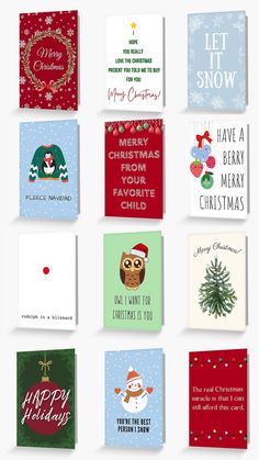 twelve christmas cards with different designs and words on the front, including santa's hat