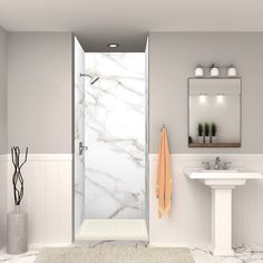 a bathroom with a sink, mirror and shower stall in it's center area