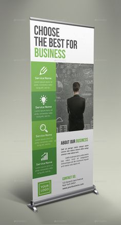 a roll - up banner with the words choose the best for business on it, and an image of a man standing in front of chalkboard