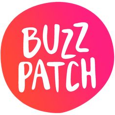 the word buzz patch in white on a pink and red circle with an orange background