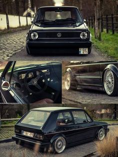 an old black car parked on the side of a road