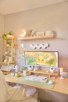 a desk with a computer on top of it and shelves above the desk in front of it