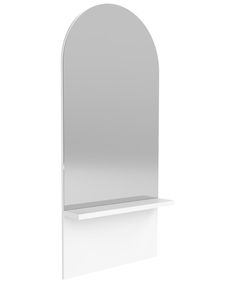 an arch shaped mirror with shelf on the side and light reflecting off it's sides