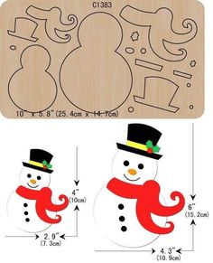 a snowman with a hat and scarf is shown next to a wooden cutting board