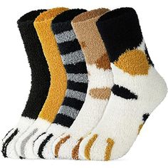 Specifications: Cute socks for women fit shoe size from US 6-10. Cozy socks with elasticity will not compress your feet and provide you comfortable wearing experience for your daily activities. 5 pairs fuzzy socks are made from polyester, spandex, which is soft and has good skin comfort. They will keep your feet comfortable and warm. Really suitable for cold winter. Animal fluffy socks can keep your feet warm in winter which is good for your health. Coral fleece women' socks are really soft, you Winter Socks Cozy, Paw Socks, Paw Slippers, Fall Socks, Paws Socks, Outdoor Socks, Fluffy Socks, Cat Socks, Soft Slippers