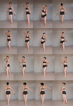 a woman in black swimsuit doing various poses while holding a rope and measuring tape