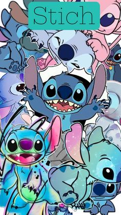 an image of stitch characters with the words stitch on them in blue and pink colors