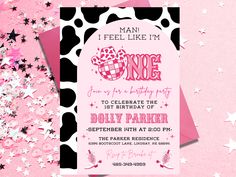 a pink and black polka dot birthday party card