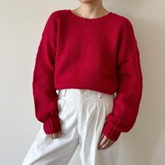 Vintage pullover sweater. Red color. Look like a handmade piece. Perfect for holiday seasons.  Great vintage condition Material: feels like wool, but I am not sure.  Size like a S/M. Model is 5'5'', 128 lbs, usually US size 5 Flat measurements: bust: 20'' (40'' around), can be stretched a little bit more.  length: 22'' Follow us on Instagram (oldgemvintage) for more choices! Please ask me about international combined shipping.  Please check the flat measurements before purchase since all sales are FINAL. Except it is mistake on my part, in which case I will refund the purchase. I do my best to examine the garments but make mistakes sometimes, please let me know if that is the case. Thank you so much!  Please note that these are vintage clothing, and they may have slight signs of wear. I tr Red Minimalist, Sweater Handmade, Vintage Pullover, Vintage Pullovers, Unisex Sweater, Vintage Sweater, Sweater Pullover, Vintage Sweaters, Holiday Christmas