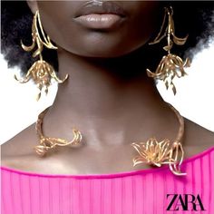 Nwt Best Seller Zara Super Chic Choker Necklace With Flower Detail Golden Square Crystal Earrings, Zara Necklace, Sister Bridesmaid, Metal Art Jewelry, Zara Jewelry, Pink Jewels, Zara Gold, African Earrings, Gold Statement Earrings