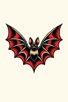 a bat with red and black wings on it's back, flying through the air