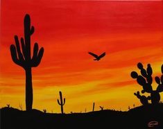 an acrylic painting of a bird flying in the sky over cactuses at sunset