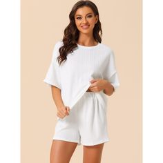 This soft fabric and breathable loungewear sets for women are made of soft 95% Polyester and 5% Spandex fabric, comfy, moisture-wicking, breathable, and skin friendly. Featuring short sleeves and shorts with a ribbed solid color design, makes you feel cozy all night, and enjoy a comfortable sleep and sweet dream. Great for outfits, hang out, walking, loungewear, nightwear, sleepwear, home bedroom, and daily wear. No matter the cozy bedtime, casual home relaxation, laze afternoon, or comfy bath, Summer Loungewear Short Set With Crew Neck, Summer Crew Neck Short Set For Loungewear, Relaxed Fit Short Sleepwear For Leisure, Relaxed Fit Short Set For Loungewear, Comfortable White Sleepwear For Vacation, Solid Color Summer Sleepwear For Leisure, Solid Crew Neck Sets For Loungewear, Solid Color Summer Leisure Sleepwear, Casual White Short Set For Loungewear