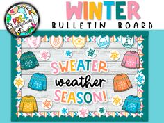 winter bulletin board with sweaters and snowflakes on the front, and an image of