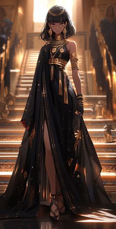 an egyptian woman dressed in black and gold standing on steps with her hands behind her back