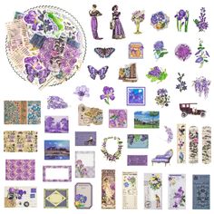 a collage of purple and white images with flowers, butterflies, and other items