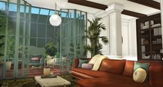 a living room filled with lots of furniture next to a tall glass wall covered in plants