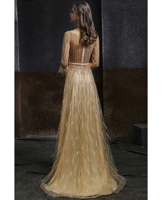 Buy high-end gold sequined long formal prom dress long sleeved with feathers at wholesale price online. Free shipping and pro custom service since 2009. Delicate Gown, Formal Prom Dresses Long, Prom Dress Long, Formal Prom Dress, Wedding Rentals, Evening Formal, Wedding Boutique, Prom Dresses Long With Sleeves, Formal Dresses Prom