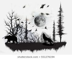 the silhouettes of two wolfs are in front of a full moon and trees