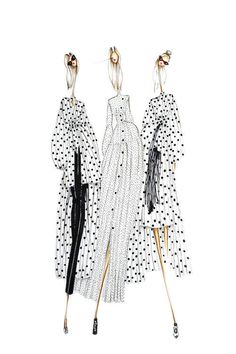 three dresses with polka dots on them, one is black and the other is white