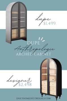 Dupe for the Fern storage arched cabinet from Anthropologie. Black and natural wood. Arched China Cabinet, World Market Arched Cabinet, Black Wood Exterior, Anthropologie Arched Cabinet, Black Rounded Cabinet, Arch Black Cabinet, Fern Storage Cabinet, Diy Cupboard Doors, Black Arch Glass Cabinet