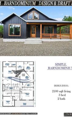 a blue house with an open floor plan and the words simple barndominium design & drafting