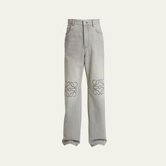 Loewe jeans in light grey denim with signature Anagram cutouts at knees Regular rise Five-pocket style Full length Loose fit through straight legs Leather logo patch at back waist Cotton/polyester Dry clean / professional care Made in Italy Grey Denim, Straight Leg Jeans, Mens Jeans, Patch Logo, Full Length, Light Grey, Straight Leg, Loose Fitting, Tops Designs