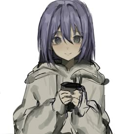 an anime character is holding a cell phone and looking at it's screen while wearing a hoodie