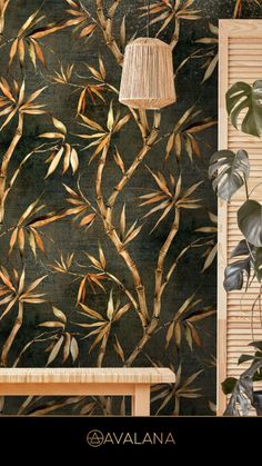 the wallpaper is decorated with leaves and plants