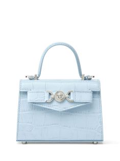 light blue calf leather embossed crocodile effect single flat top handle front flap closure Medusa plaque detail detachable adjustable waist strap metal feet main compartment Versace Bag, Leather Mini Bag, Versace Handbags, Croc Print, Versace Bags, Blue Purse, Mini Handbag, Bag Light, Mini Handbags